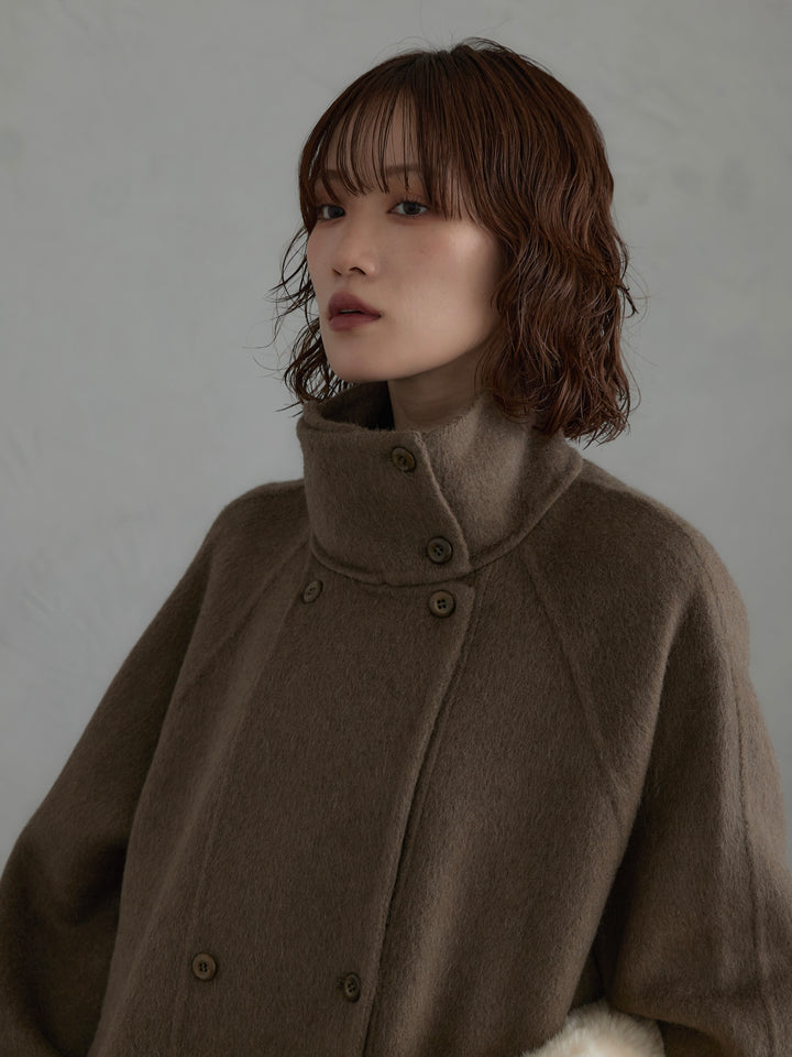 [予約]レザー切替ウールロングコート/khaki