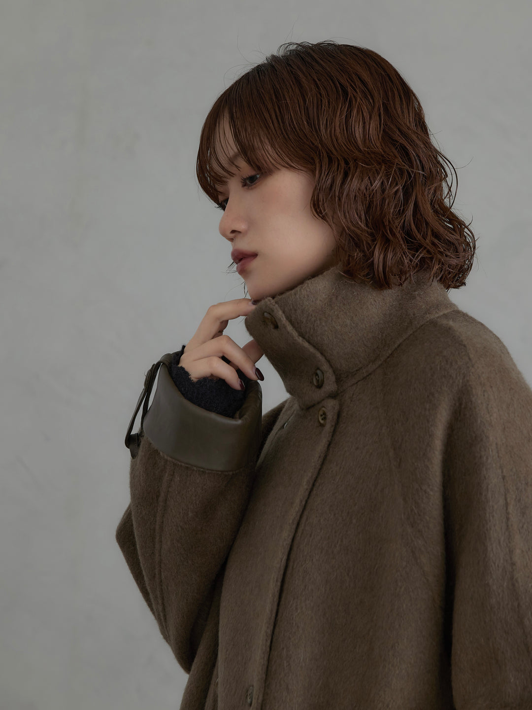 [予約]レザー切替ウールロングコート/khaki