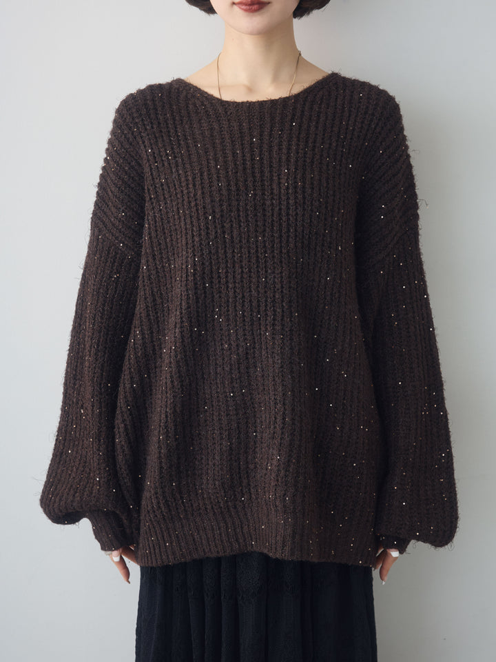 [予約]バルーンスリーブスパンリブニットトップス/brown