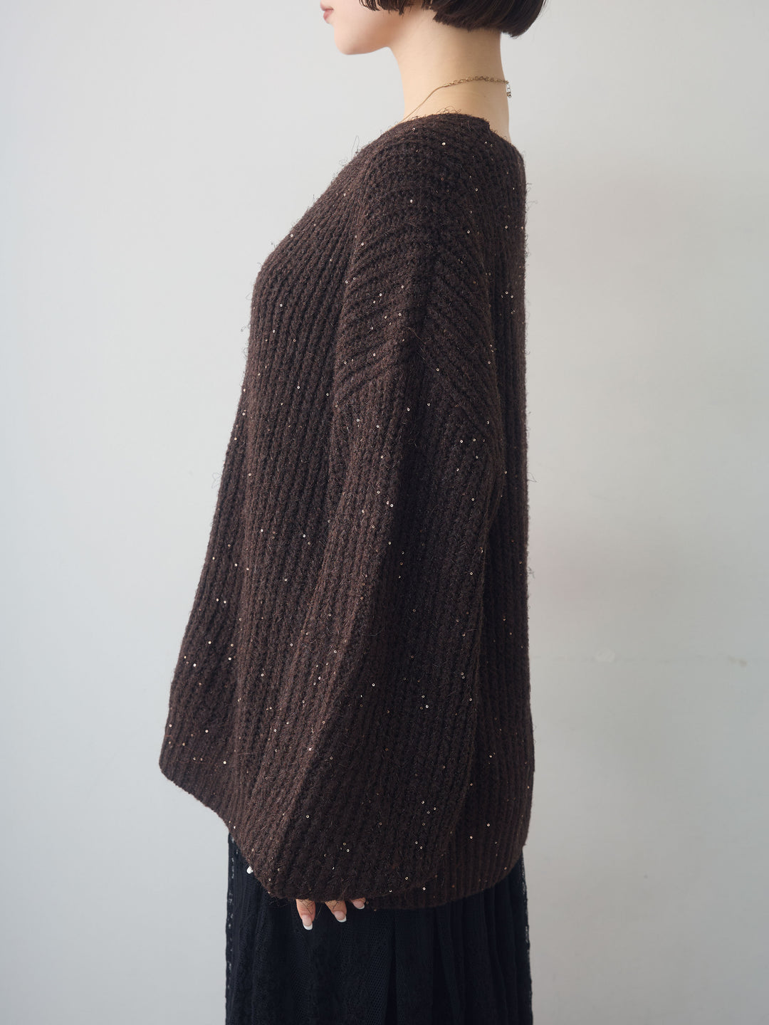 [予約]バルーンスリーブスパンリブニットトップス/brown