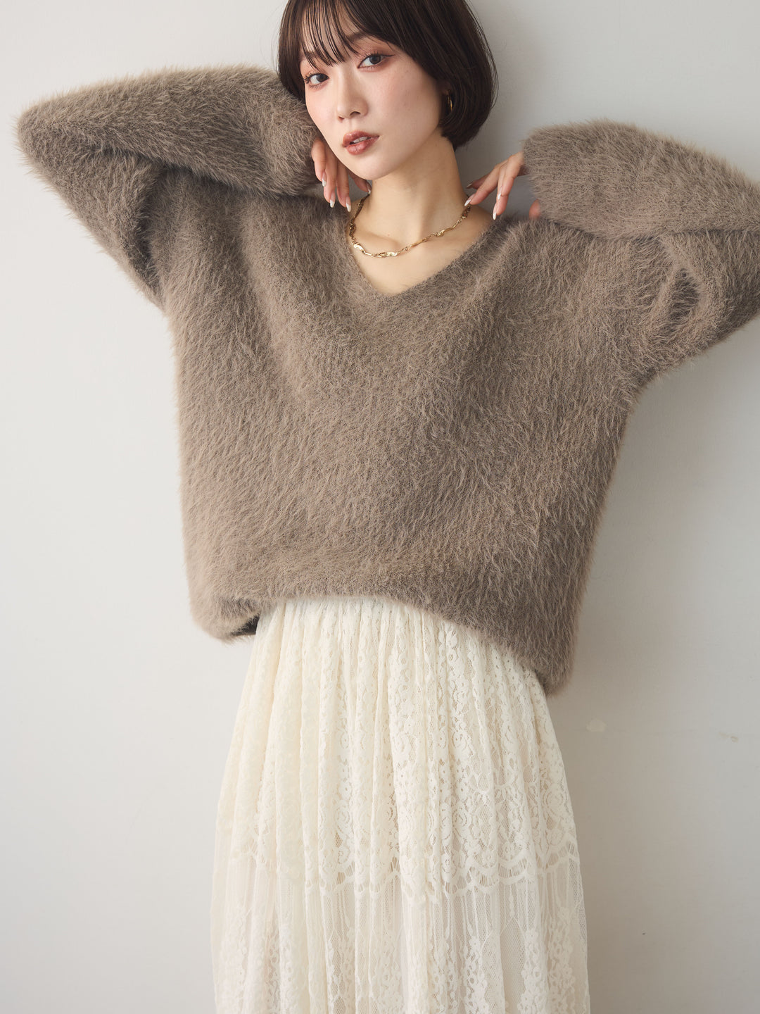 [SET]シャギーVネックニットトップス+シャギーVネックニットトップス(2set)