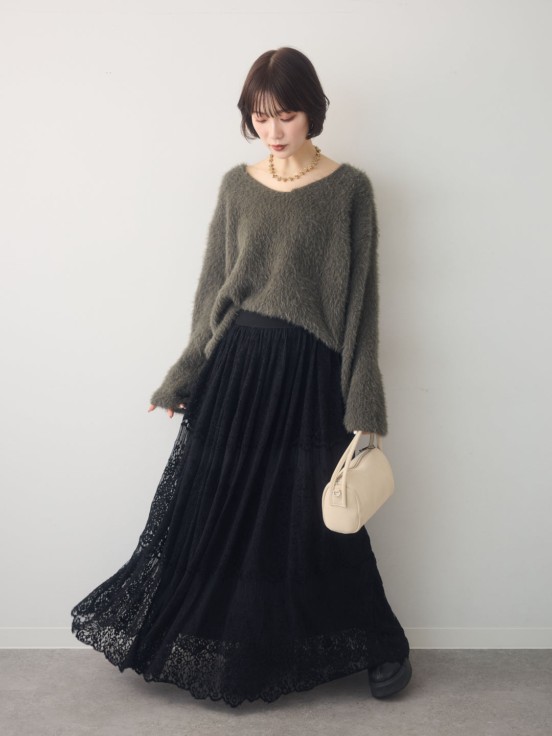 [予約]シャギーVネックニットトップス/khaki