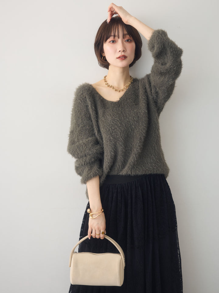 [予約]シャギーVネックニットトップス/khaki
