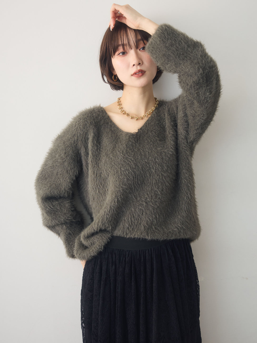 [予約]シャギーVネックニットトップス/khaki