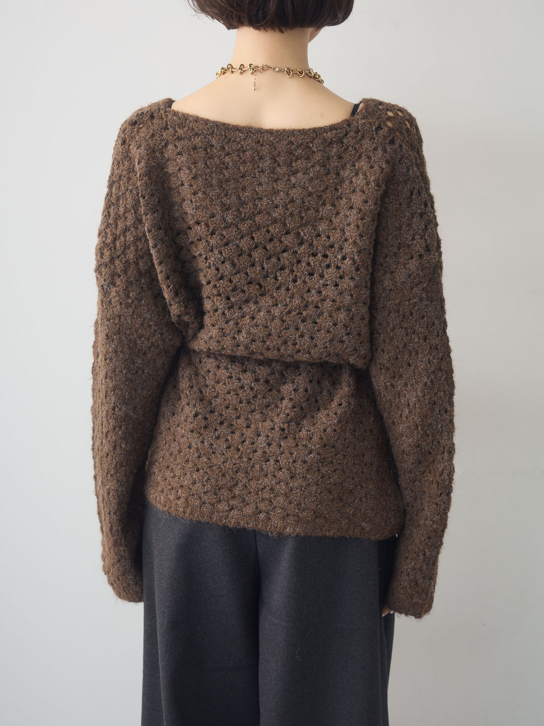 [予約]ニットベルト付ポップコーンプルオーバー/brown