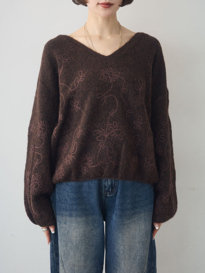 [予約]フロントエンブロイダリーVネックニットトップス/brown