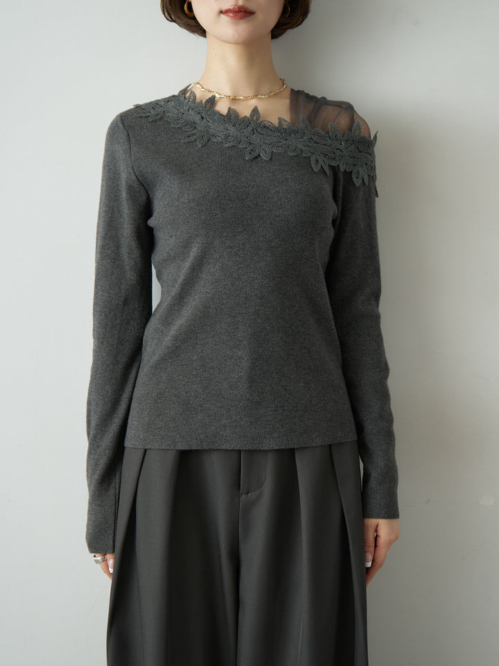 [予約]ショルダーレースアシメスリムニットトップス/charcoal