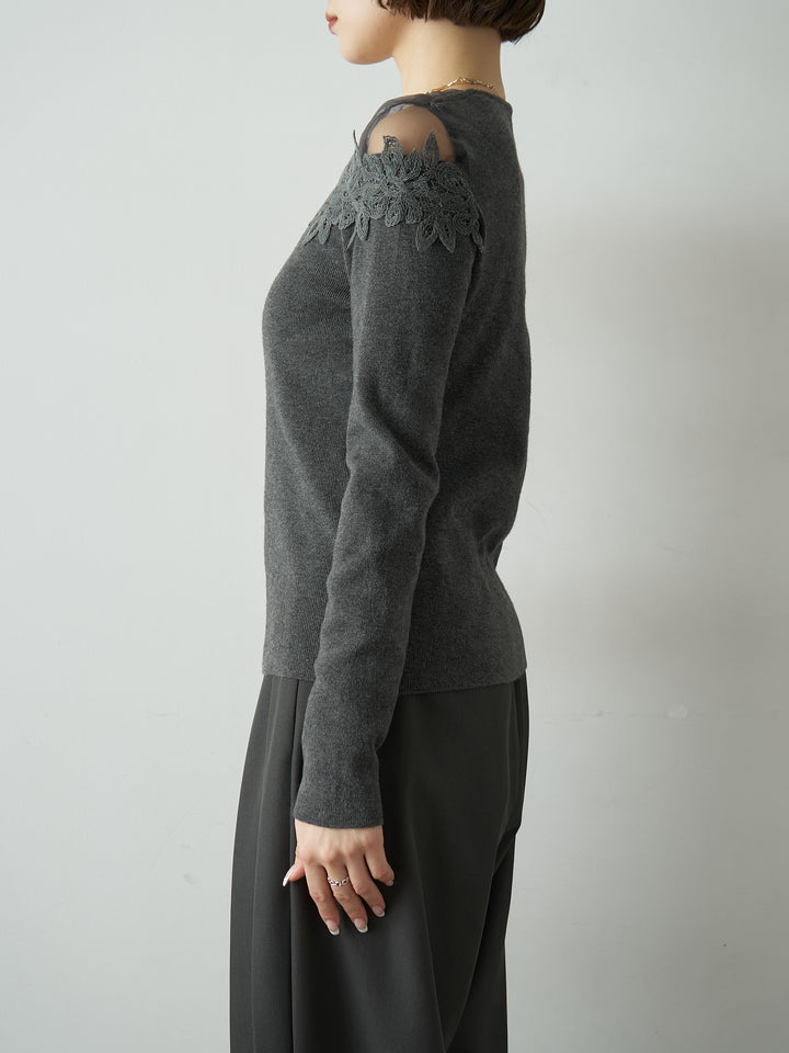 [予約]ショルダーレースアシメスリムニットトップス/charcoal