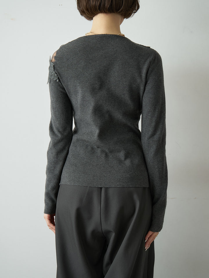[予約]ショルダーレースアシメスリムニットトップス/charcoal