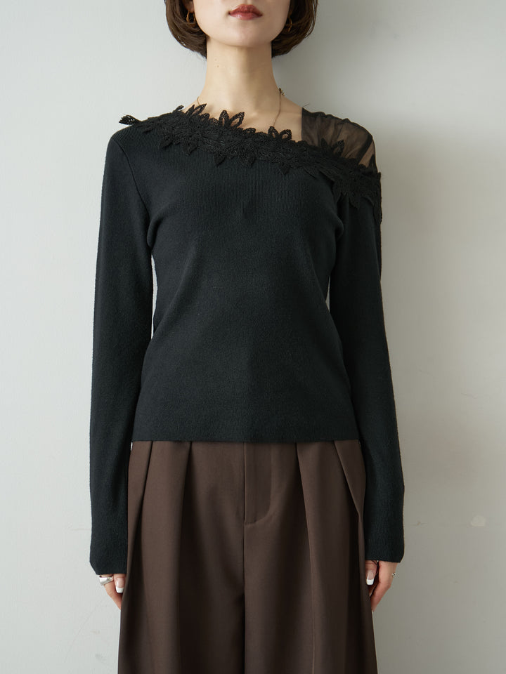 [予約]ショルダーレースアシメスリムニットトップス/black