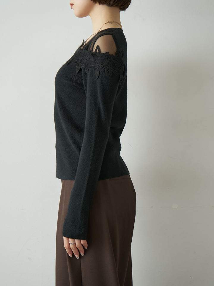 [予約]ショルダーレースアシメスリムニットトップス/black