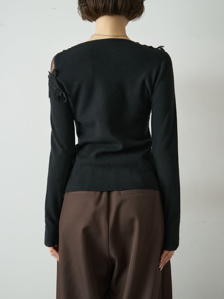 [予約]ショルダーレースアシメスリムニットトップス/black