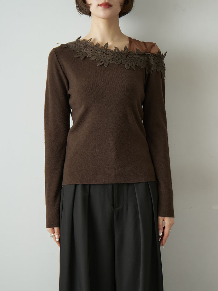[予約]ショルダーレースアシメスリムニットトップス/brown
