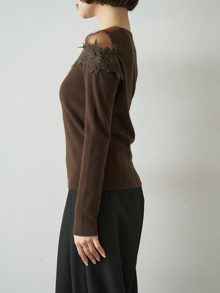 [予約]ショルダーレースアシメスリムニットトップス/brown