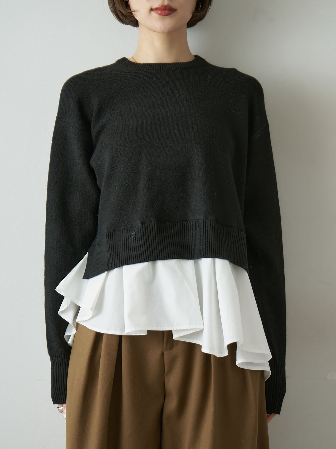 [予約]アシンメトリーシャツレイヤードニットプルオーバー/black