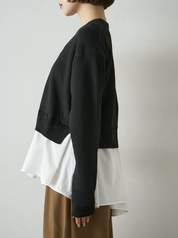 [予約]アシンメトリーシャツレイヤードニットプルオーバー/black