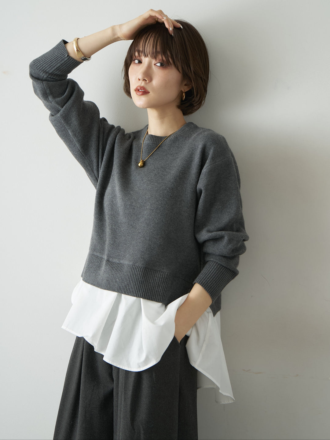 [SET]アシンメトリーシャツレイヤードニットプルオーバー+ダブルタックドレープストレートワイドパンツ(2set)