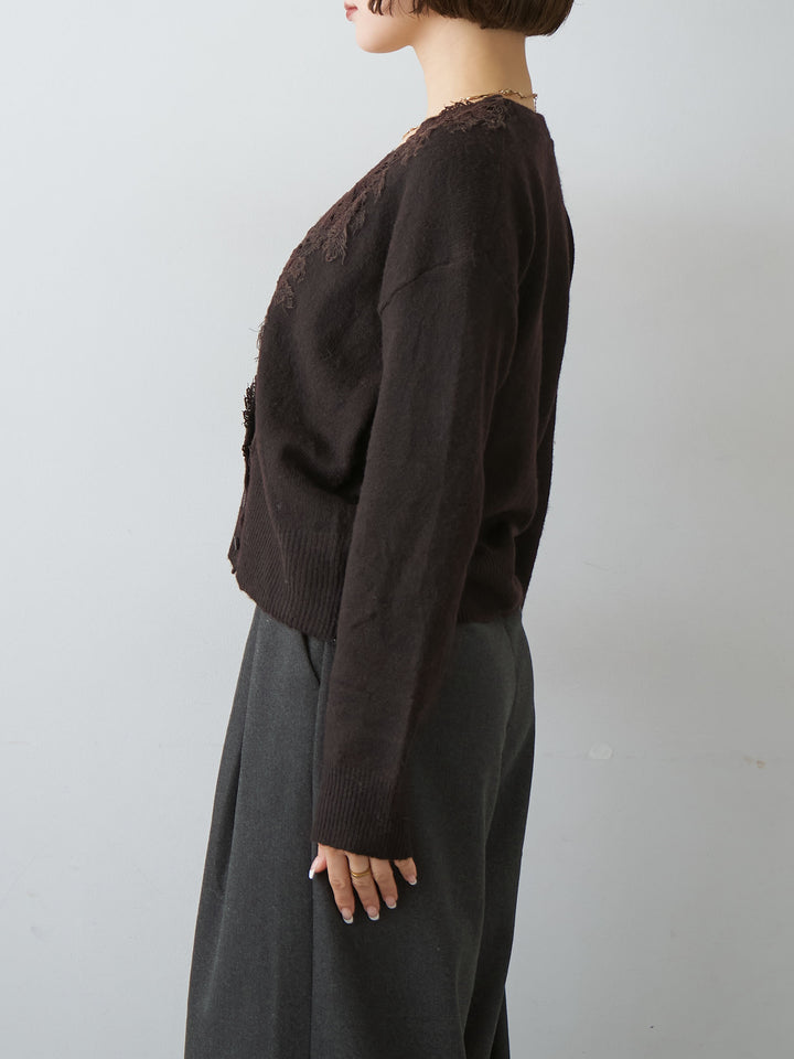 [予約]フロントカーディガンデザインレイヤードニットトップス/brown