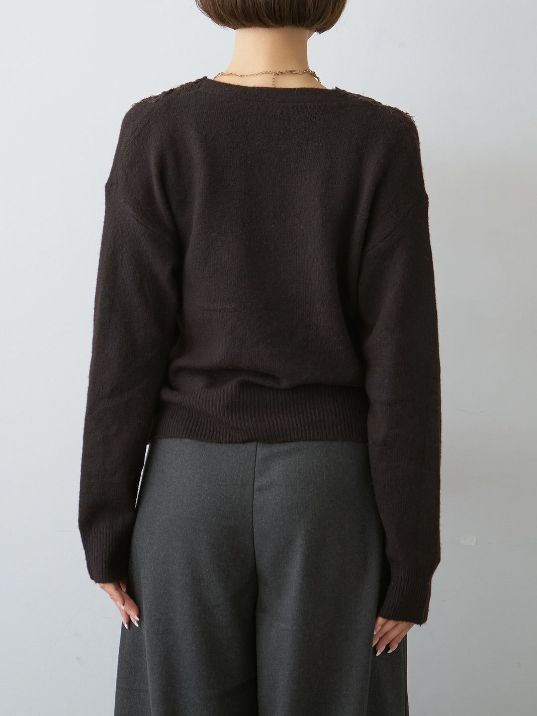 [予約]フロントカーディガンデザインレイヤードニットトップス/brown