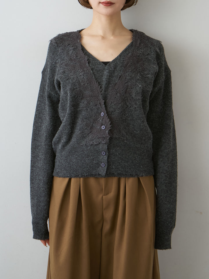 [予約]フロントカーディガンデザインレイヤードニットトップス/gray