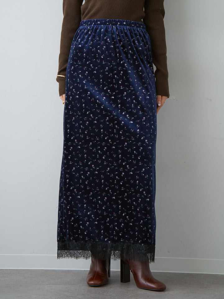 [予約]フラワープリントベロアIラインスカート/navy