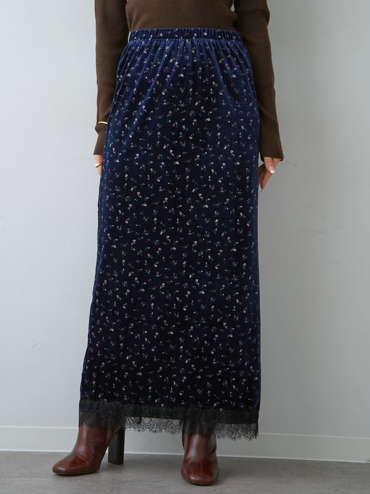 [予約]フラワープリントベロアIラインスカート/navy