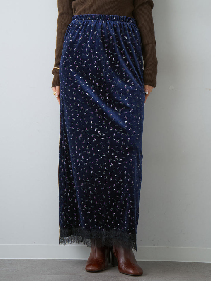 [予約]フラワープリントベロアIラインスカート/navy