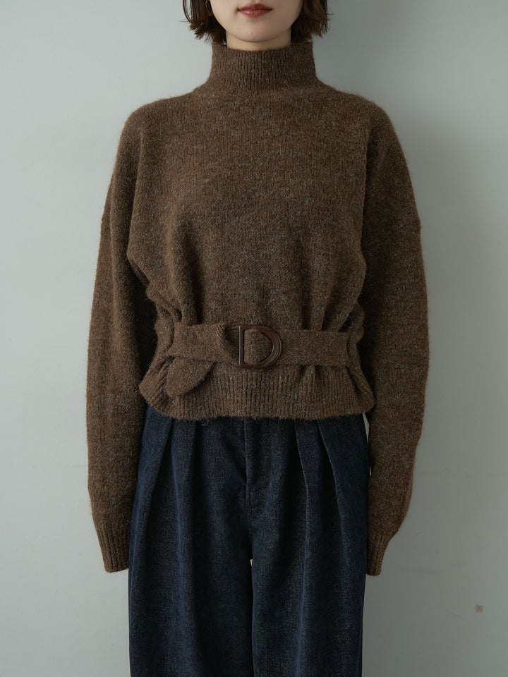 [予約]ウエストベルトハイネックニットトップス/brown
