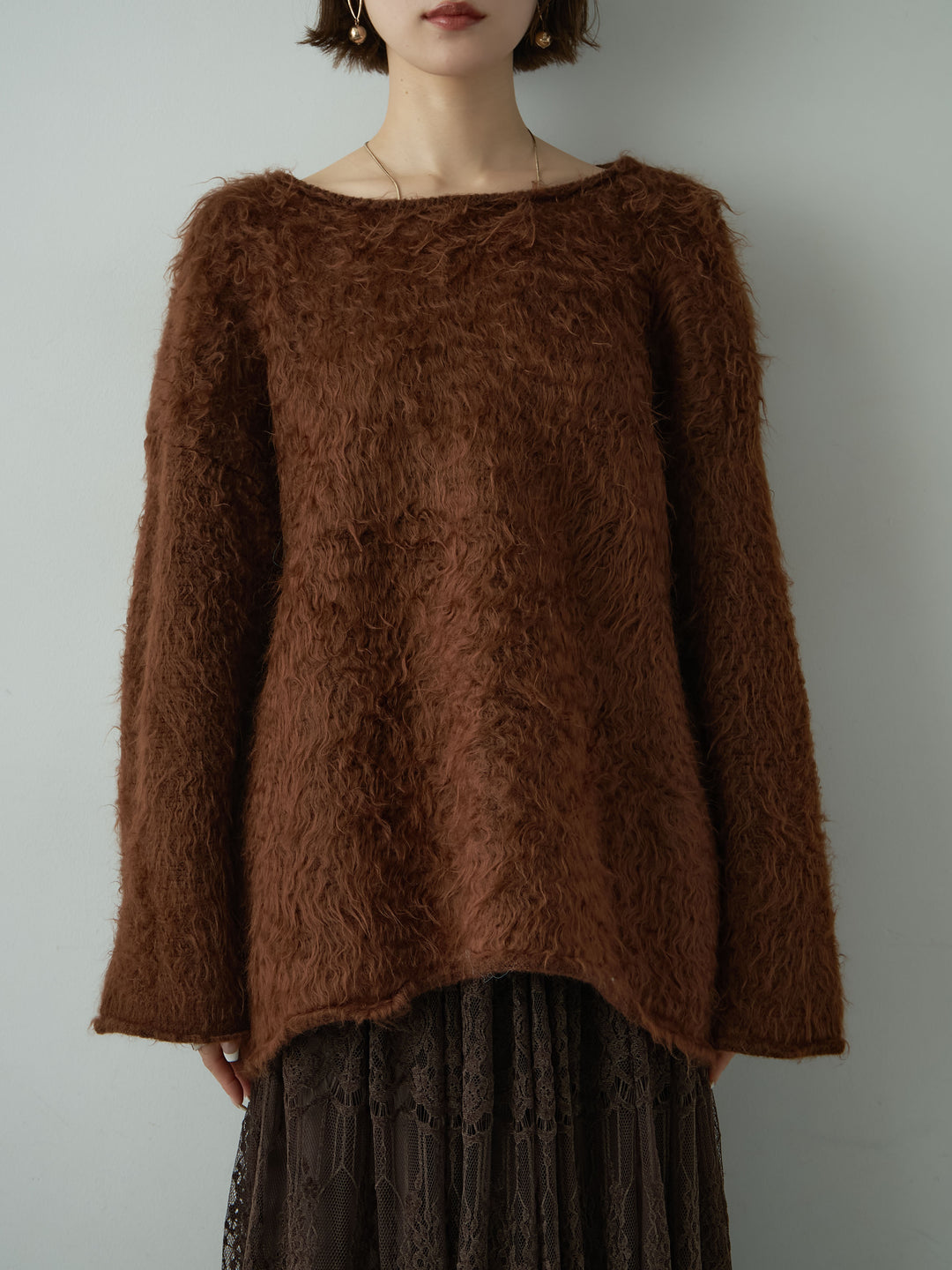 [予約]ボートネックシャギーオーバーニットトップス/brown