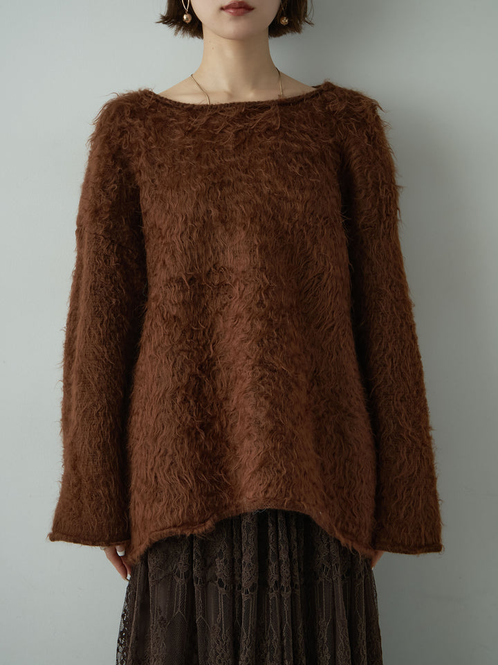 [予約]ボートネックシャギーオーバーニットトップス/brown