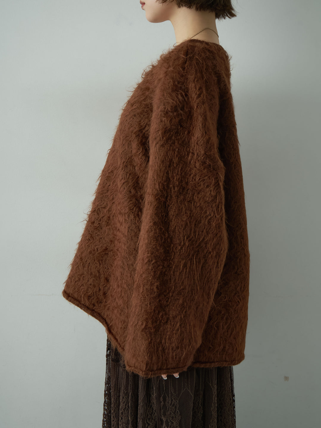 [予約]ボートネックシャギーオーバーニットトップス/brown