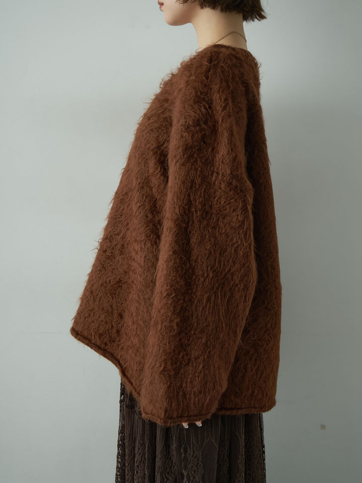 [予約]ボートネックシャギーオーバーニットトップス/brown