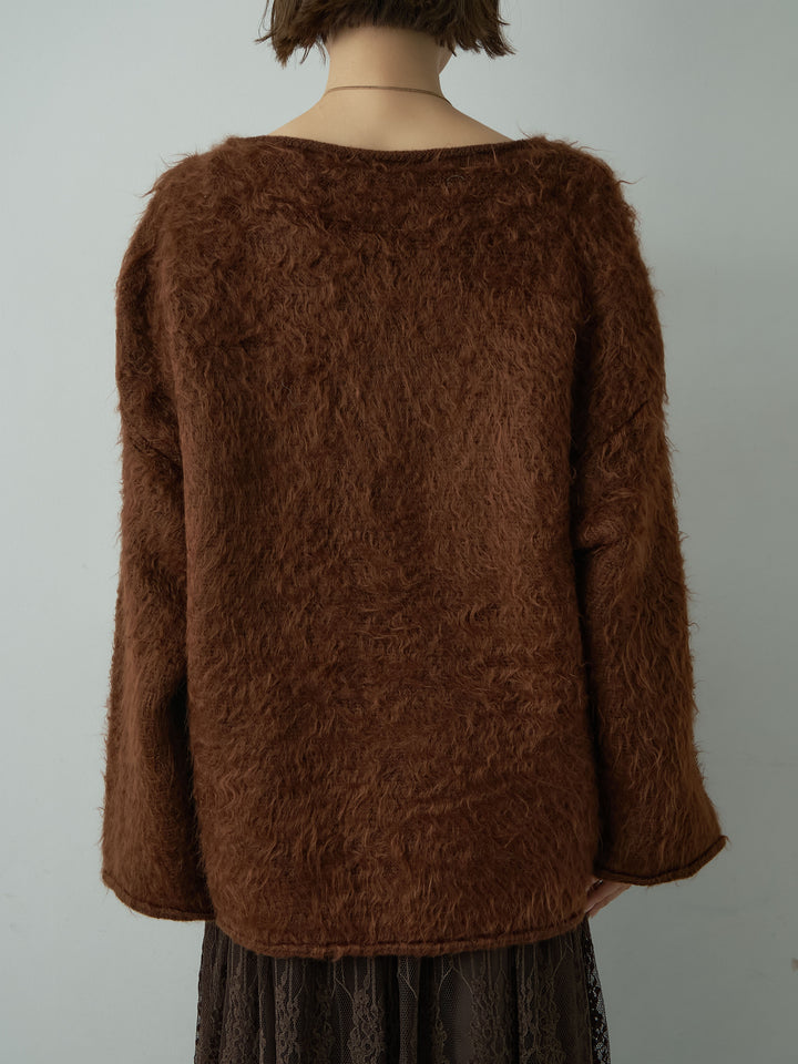 [予約]ボートネックシャギーオーバーニットトップス/brown