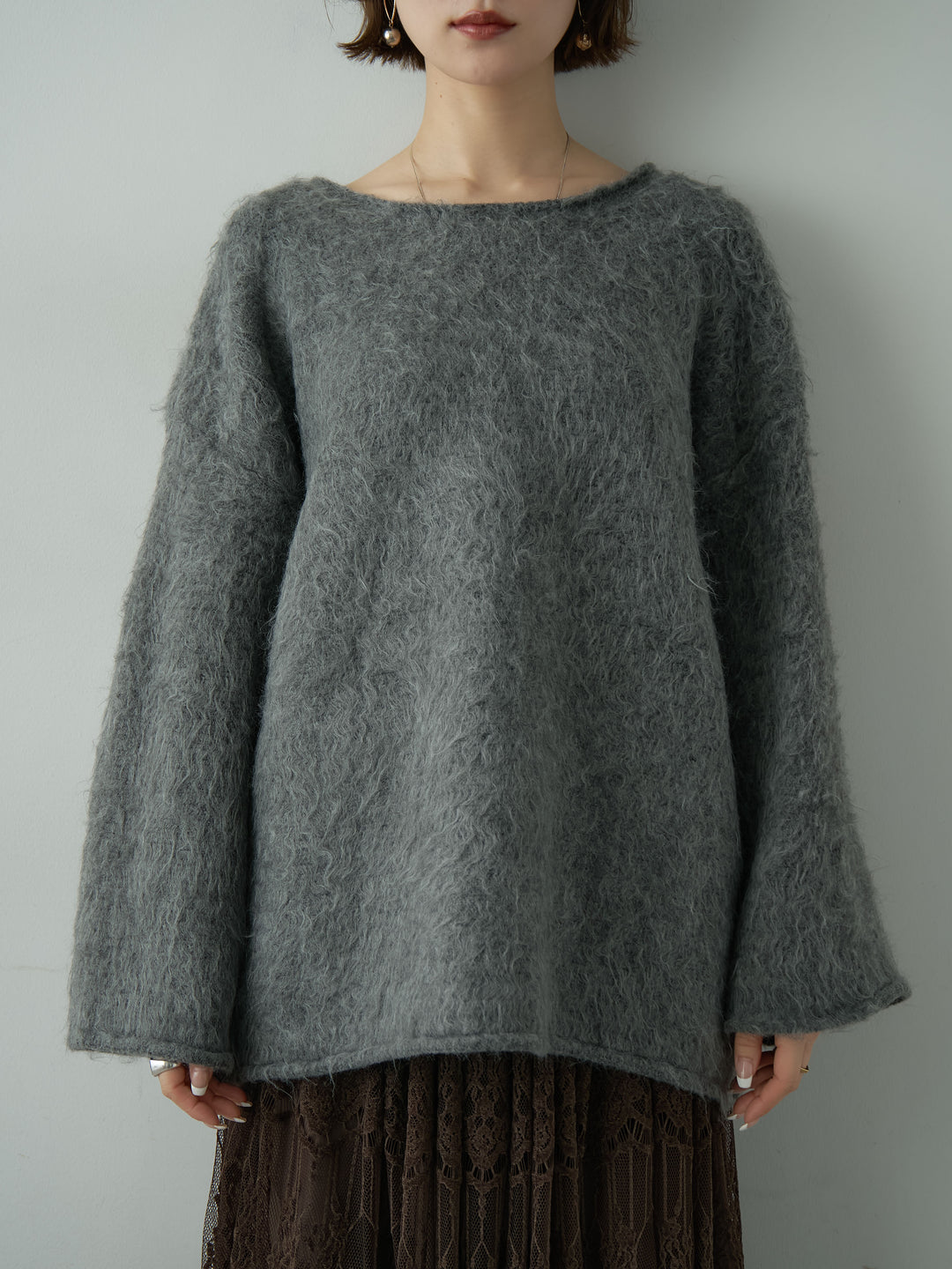 [予約]ボートネックシャギーオーバーニットトップス/darkgray