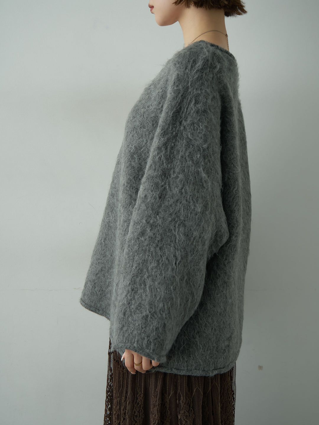 [予約]ボートネックシャギーオーバーニットトップス/darkgray
