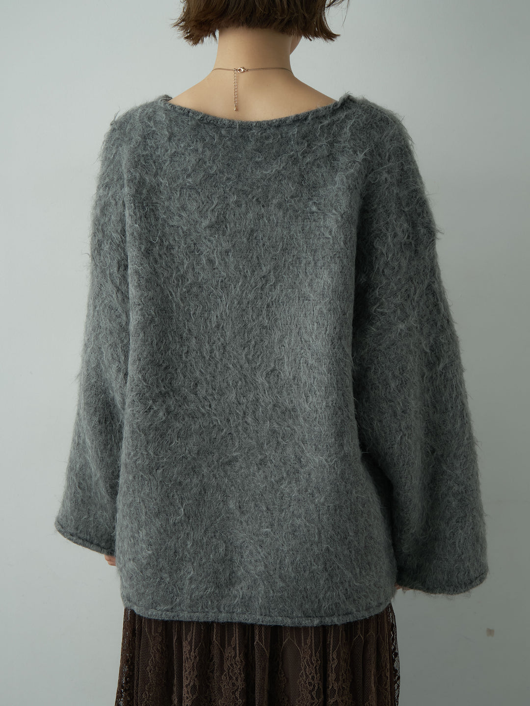 [予約]ボートネックシャギーオーバーニットトップス/darkgray