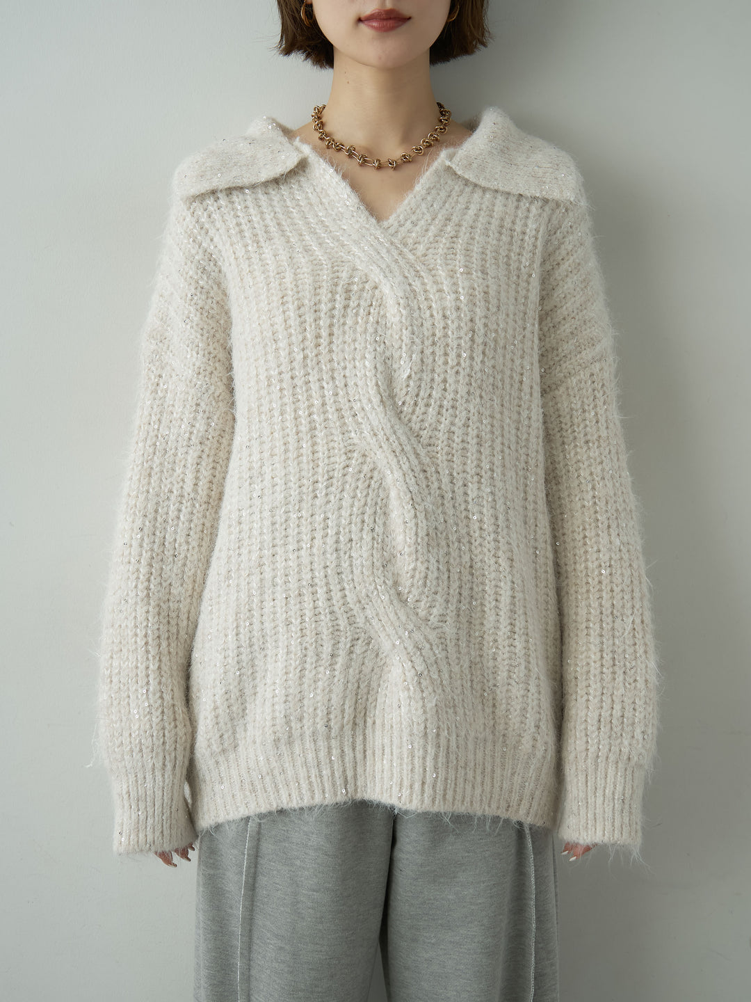 [予約]スキッパースパンリブニットトップス/ivory