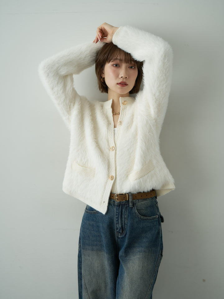 [SET]ゴールドボタンポケットデザインシャギーニットカーディガン+ヘムデザインワイドデニムパンツ(2set)