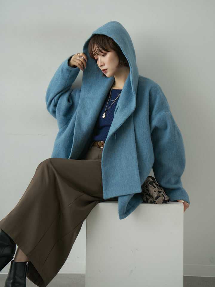[SET]フードマフ付メランジコート+クレープデシンフラップ付きストレートスカート(2set)