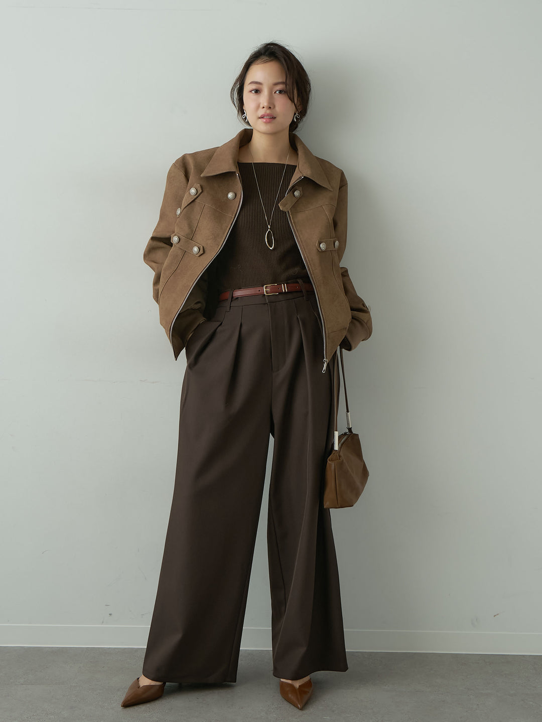 【套裝】拿破崙式皮質夾克+方領羅紋針織上衣（兩件式）