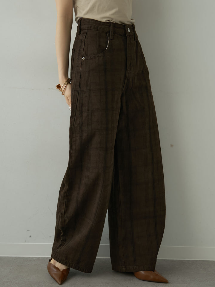 [予約]チェックエンブロイダリーカーブワイドデニム/brown