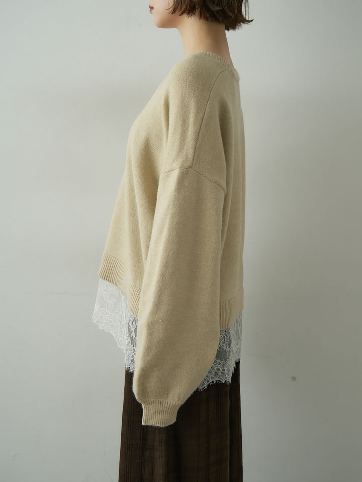 [予約]アルパカタッチレースドッキングVネックニットトップス/beige
