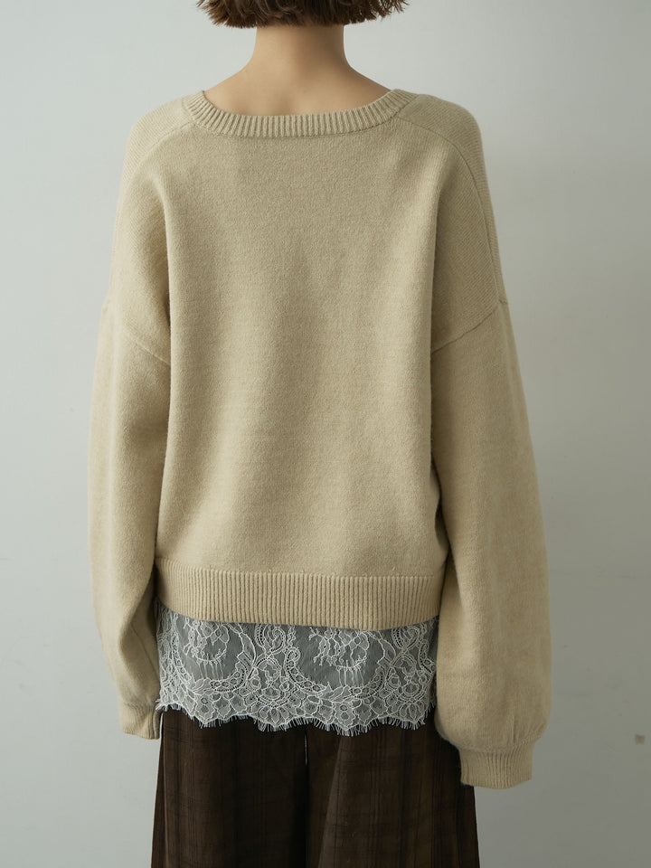 [予約]アルパカタッチレースドッキングVネックニットトップス/beige