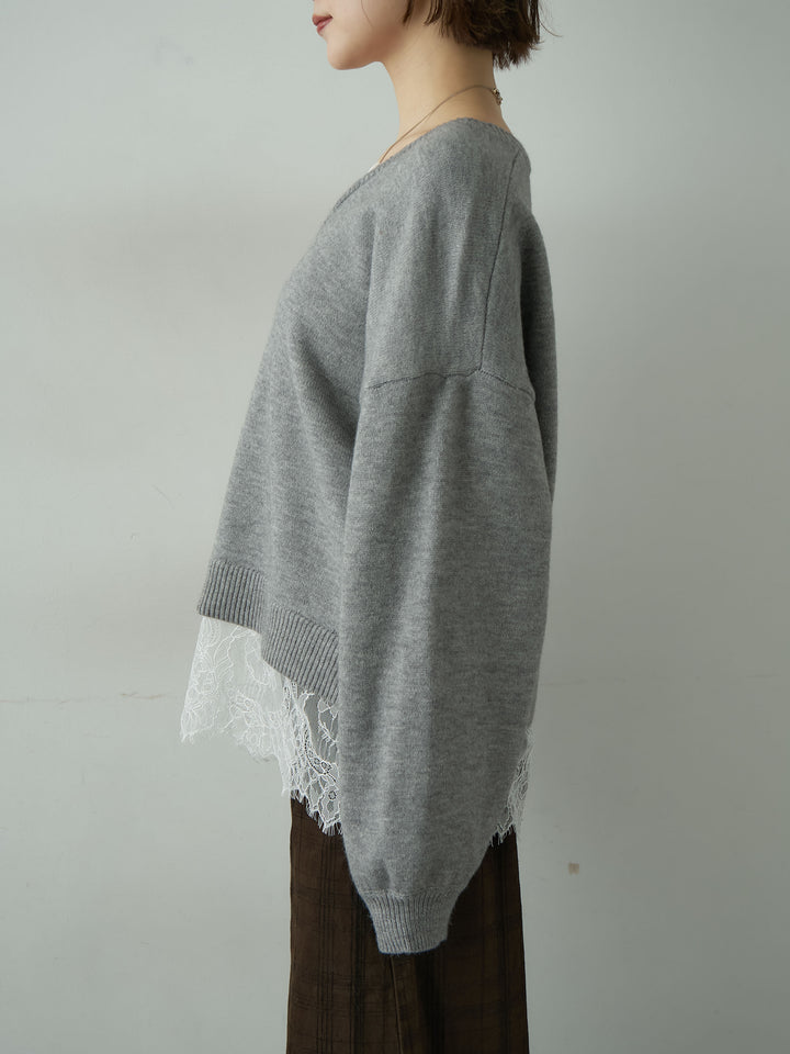 [予約]アルパカタッチレースドッキングVネックニットトップス/mokugray