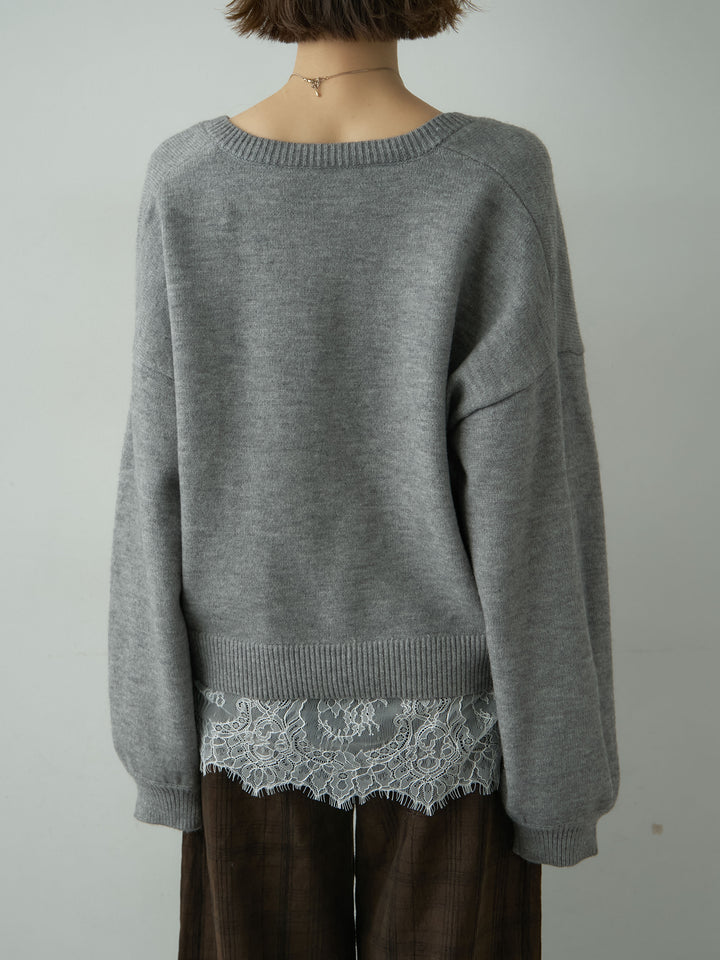 [予約]アルパカタッチレースドッキングVネックニットトップス/mokugray