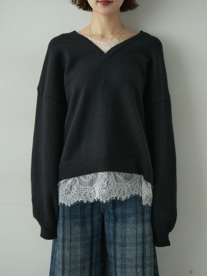 [予約]アルパカタッチレースドッキングVネックニットトップス/black