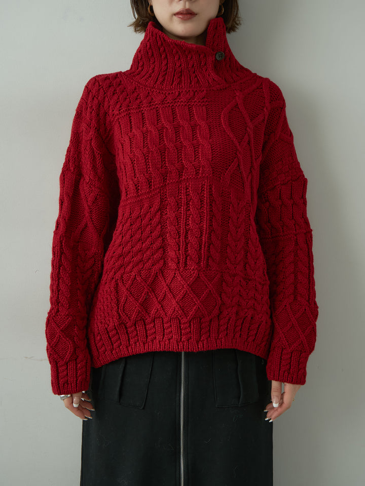 [予約]ネックボタンミックスケーブルニットトップス/red