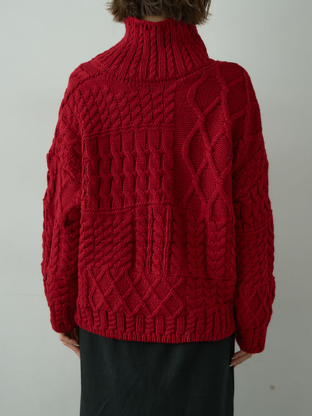 [予約]ネックボタンミックスケーブルニットトップス/red