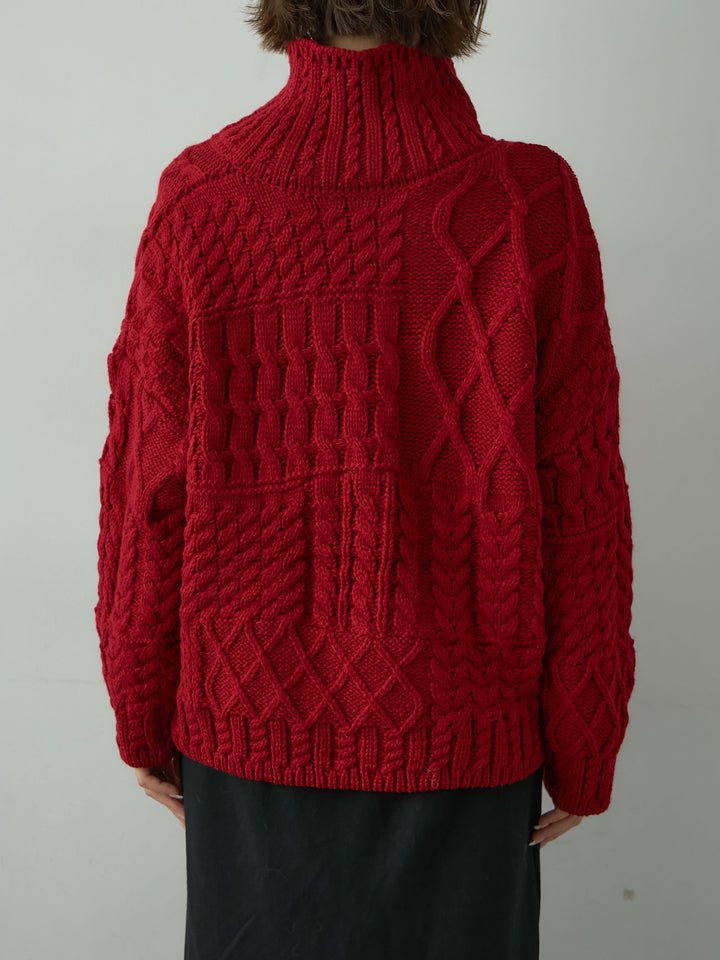 [予約]ネックボタンミックスケーブルニットトップス/red
