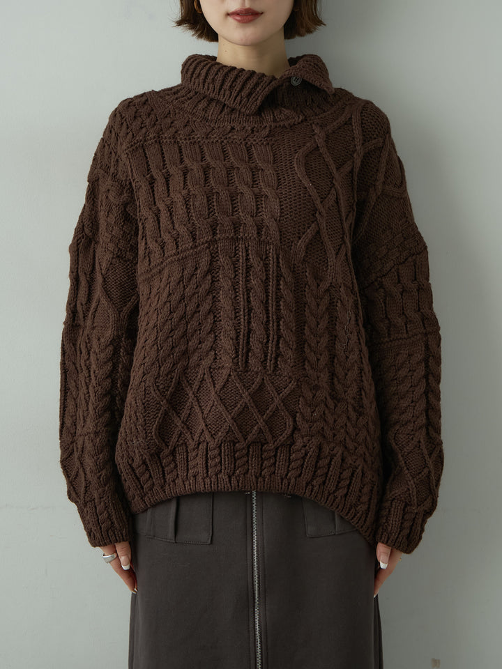 [予約]ネックボタンミックスケーブルニットトップス/brown